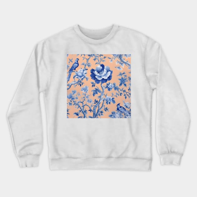 Blue chinoiserie pattern on light orange Crewneck Sweatshirt by SophieClimaArt